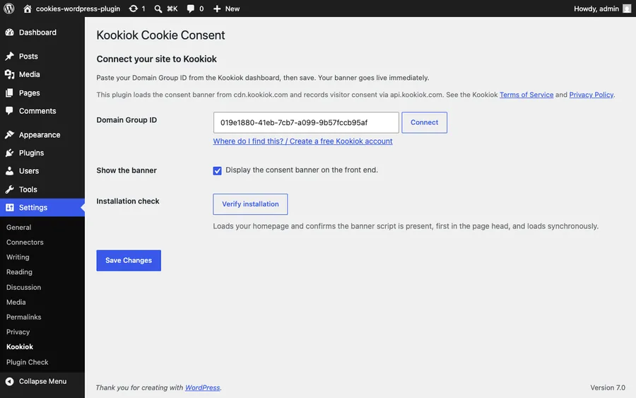 Demo recording: installing the KookiOk plugin, pasting a Domain Group ID, and the cookie banner appearing on a WordPress site