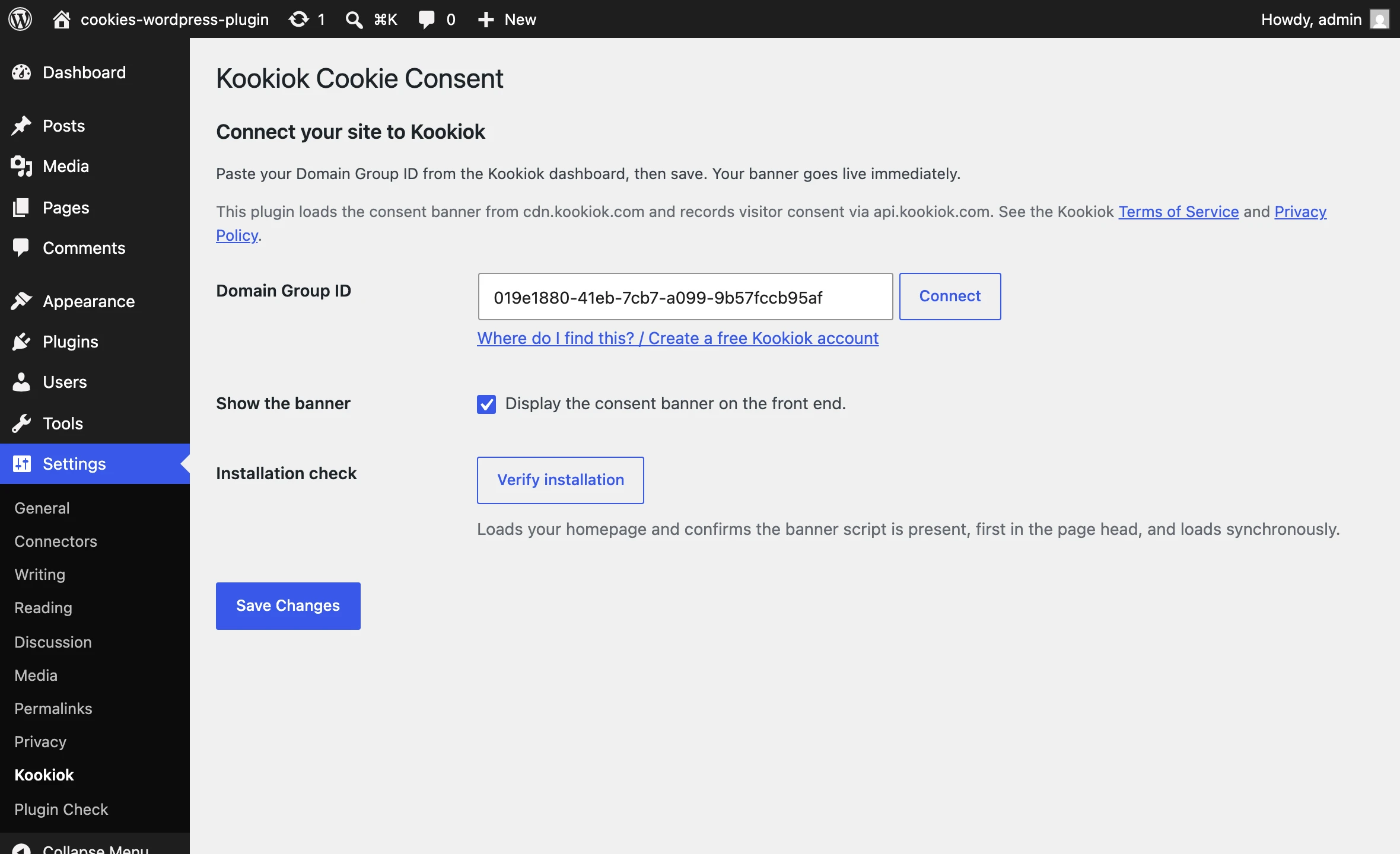 KookiOk settings screen in WordPress admin: the Domain Group ID field with its Connect check, the banner toggle and the Verify installation button